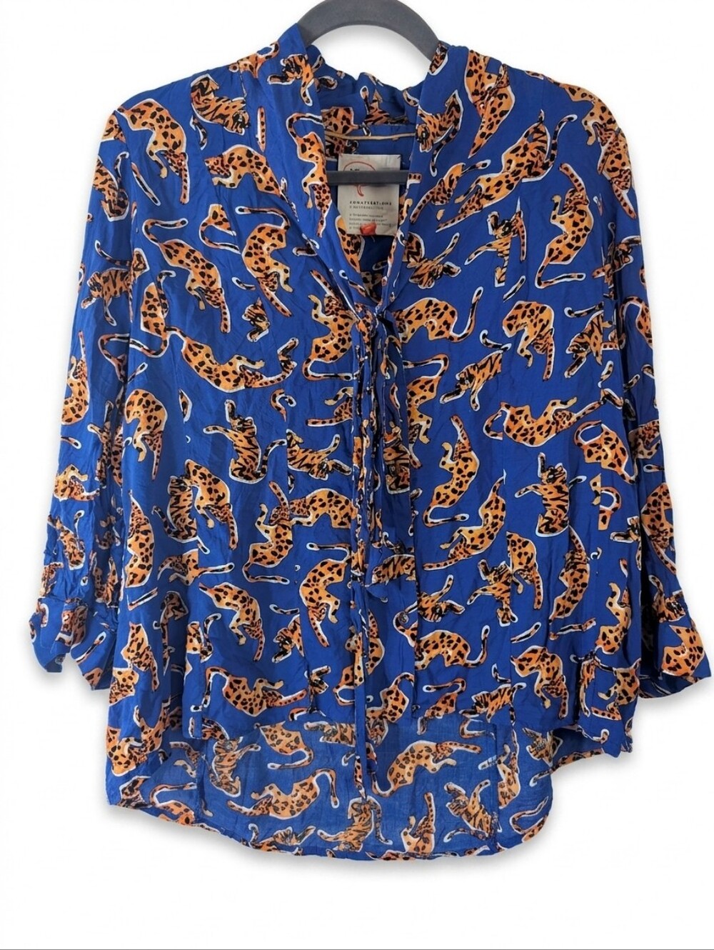 ​Anthropologie 17 of 52 Conversations Blue Leopard Tiger Tie Neck Blouse M